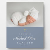 Modern Blue Baptized Boy Foto Keepake Fotoplatte (Vorderseite)