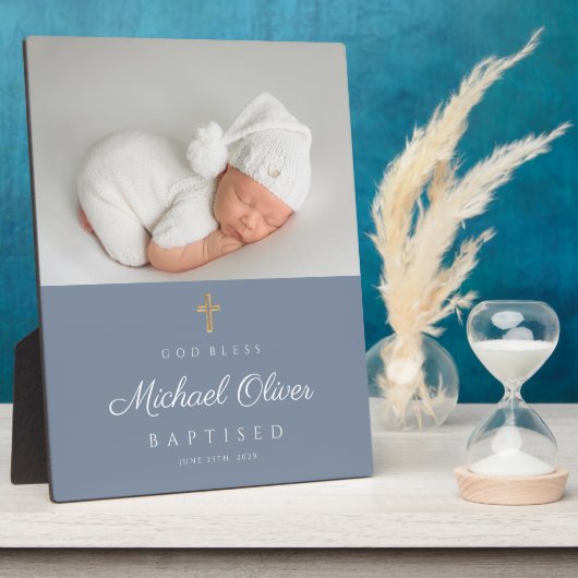 Modern Blue Baptized Boy Foto Keepake Fotoplatte (Seite)