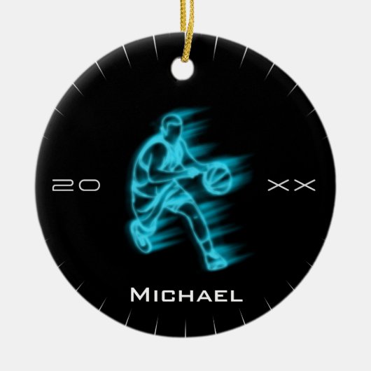 Modern Blue Basketball Ghost Player Name & Jahr Keramik Ornament (Vorne)