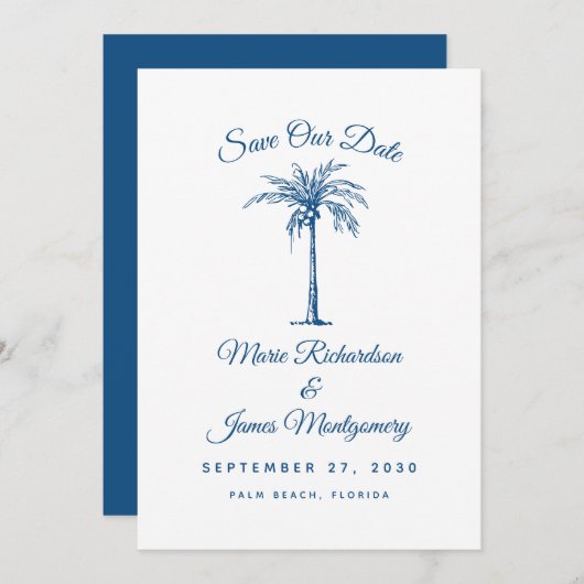 Modern Blue Beach Wedding Save the Date (Vorne/Hinten)