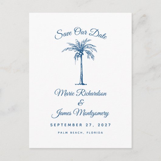 Modern Blue Beach Wedding Save the Date Ankündigungspostkarte (Vorderseite)