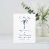 Modern Blue Beach Wedding Save the Date Ankündigungspostkarte (Stehend Vorderseite)