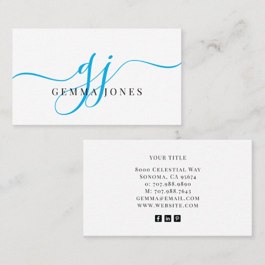 Modern Blue Black Monogram Feminine Script Name Visitenkarte (Vorne/Hinten)