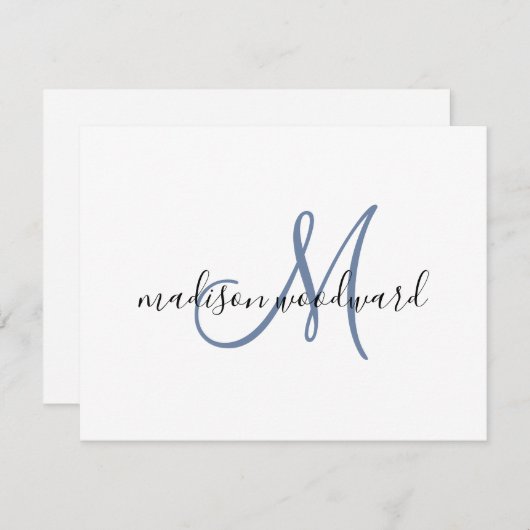 Modern Blue Black Script Monogram Note Card Mitteilungskarte (Vorne/Hinten)