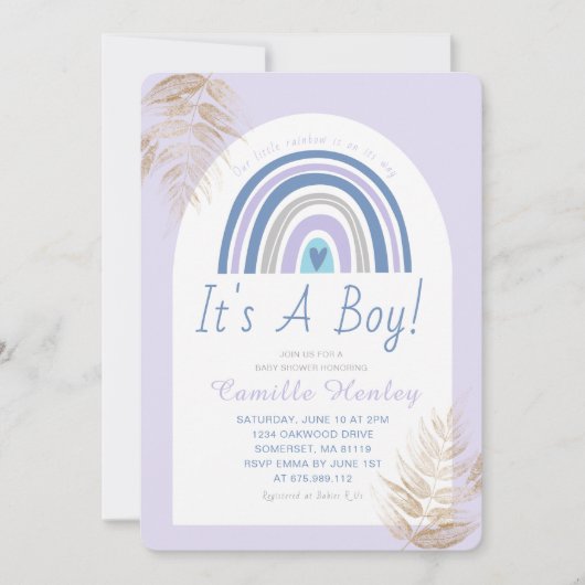 Modern Blue Boho Rainbow Es ist eine Baby-Dusche Einladung (Vorderseite)