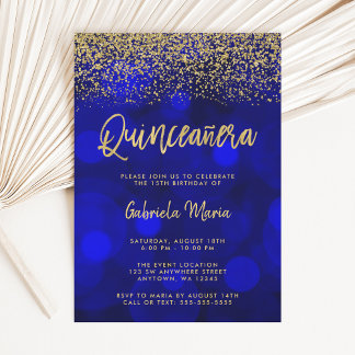 Modern Blue Bokeh Gold Glitzer Quinceanera Einladung