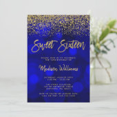 Modern Blue Bokeh Gold Glitzer Sweet 16 Einladung (Stehend Vorderseite)