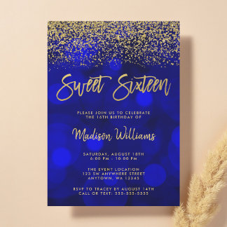 Modern Blue Bokeh Gold Glitzer Sweet 16 Einladung