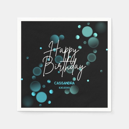 Modern Blue Bokeh Gradient Black Happy Birthday Serviette (Vorderseite)