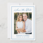 Modern Blue Border Script Photo Wedding Save The Date (Vorderseite)