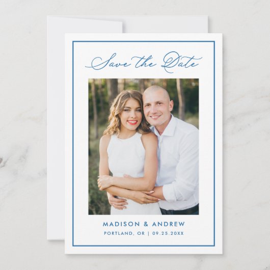 Modern Blue Border Script Photo Wedding Save The Date (Vorderseite)