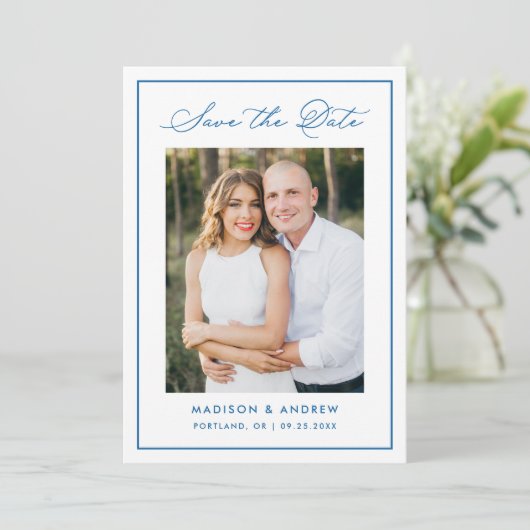 Modern Blue Border Script Photo Wedding Save The Date (Stehend Vorderseite)