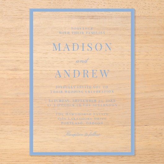 Modern Blue Border Wedding Acryleinladungen (Vorderseite)