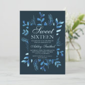 Modern blue botanical leaf watercolor Sweet 16 Einladung (Stehend Vorderseite)
