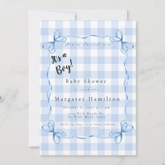 Modern Blue Bow Gingham Baby It's a Boy Shower  Einladung (Vorderseite)