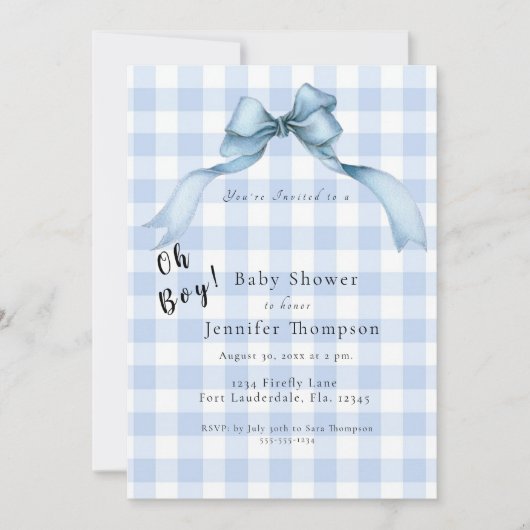 Modern Blue Bow Gingham Oh Boy Baby Shower Einladung (Vorderseite)