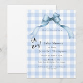 Modern Blue Bow Gingham Oh Boy Baby Shower Einladung (Vorne/Hinten)