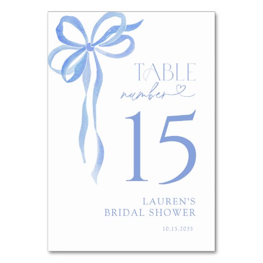 Modern Blue Bow Watercolor Script Bridal Shower Tischnummer (Vorderseite)