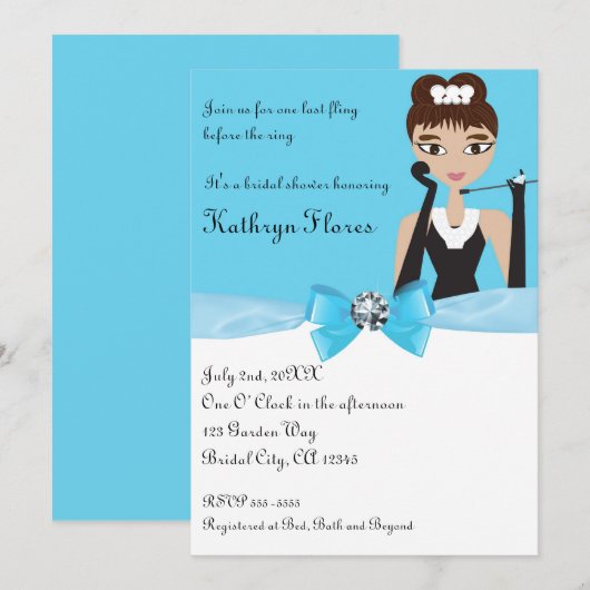 Modern Blue Brautparty White Bow & Diamond Einladung (Vorne/Hinten)