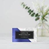 Modern Blue Brushed Foil Weiße Marmorplatte Schwar Visitenkarte (Stehend Vorderseite)