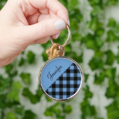 Modern Blue Buffalo Karierter Karo Muster Name Schlüsselanhänger (Hand)