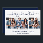 Modern Blue Calligraphy Script Hanukkah 3 Foto Feiertagskarte<br><div class="desc">Modern Trendy Calligraphy Script 3 Foto Family Foto Collage Happy Hanukkah Card - Navy Blue</div>