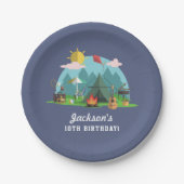 Modern Blue Camping Birthday Party Pappteller (Vorderseite)