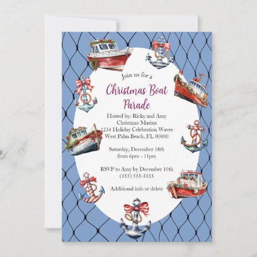 Modern Blue Christmas Boote & Anchors Frame Einladung (Vorderseite)