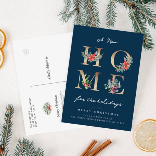 modern blue christmas holiday moving announcement postkarte