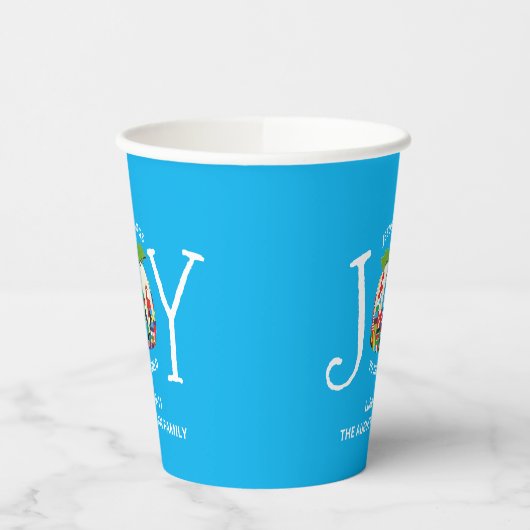 Modern Blue Christmas JOY TO THE WORLD Paper Cups Pappbecher (Links)