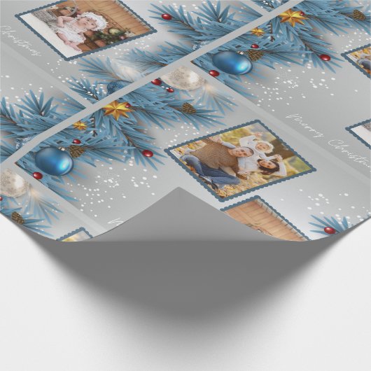 Modern Blue Christmas Tree 2 Foto Frohe Weihnachte Geschenkpapier (Ecke)