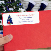 Modern Blue Christmas Tree Red Santa Sack Name