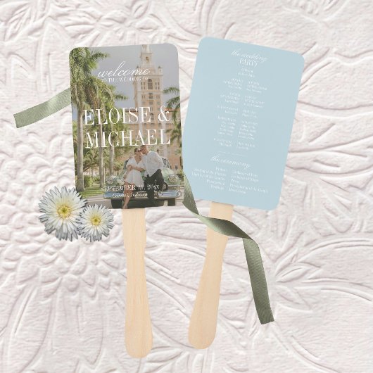 Modern Blue Citrus Script Wedding Ceremony Program Fächer