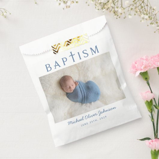 Modern Blue Cross Photo Boy Baptism Geschenktütchen (Versiegelt)