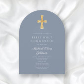 Modern Blue Cross Religious Boy First Communion Einladung