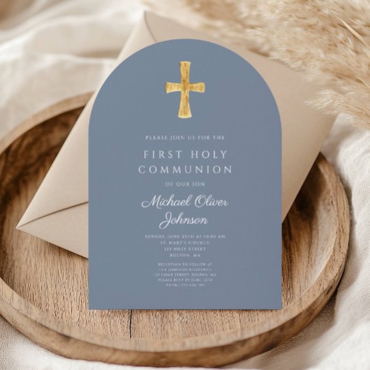 Modern Blue Cross Religious Boy First Communion Einladung