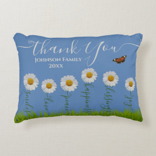 Modern Blue Daisy Floral Danke Typografie Dekokissen