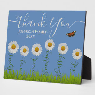 Modern Blue Daisy Floral Danke Typografie Fotoplatte