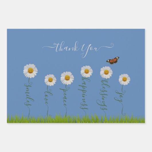 Modern Blue Daisy Floral Danke Typografie Geschenkpapier Set (Vorderseite)