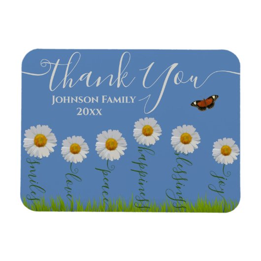 Modern Blue Daisy Floral Danke Typografie Magnet (Horizontal)