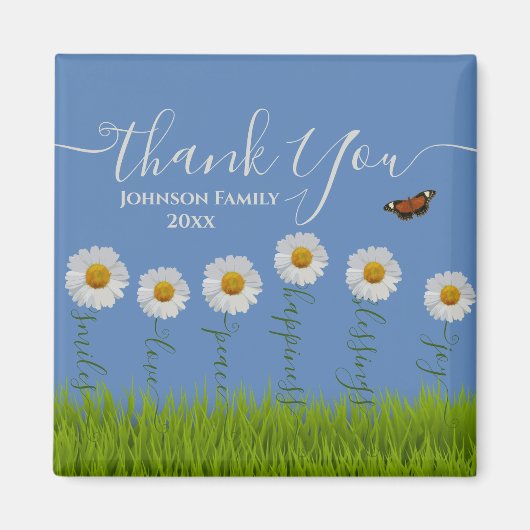 Modern Blue Daisy Floral Danke Typografie Magnet (Vorne)