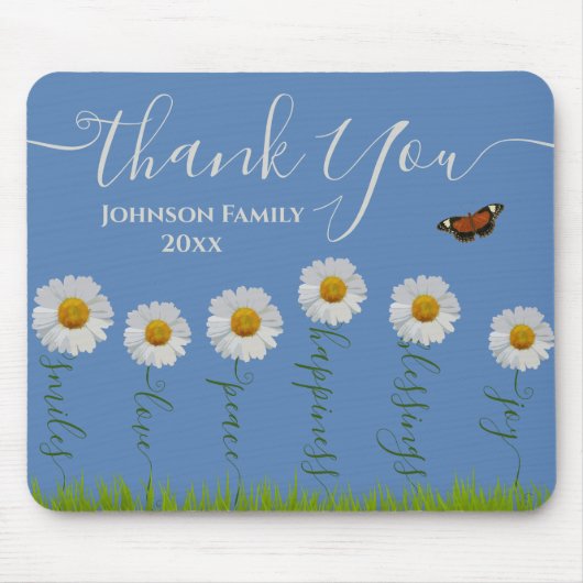 Modern Blue Daisy Floral Danke Typografie Mousepad (Vorne)