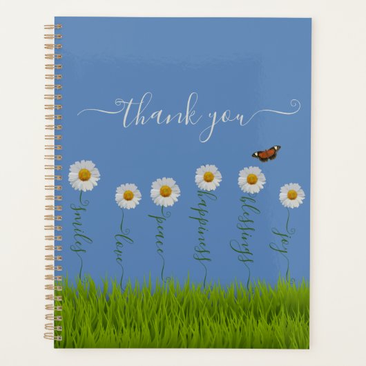 Modern Blue Daisy Floral Danke Typografie Planer (Vorderseite)