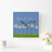 Modern Blue Daisy Floral Danke Typografie Quadratische Wanduhr (Zuhause)
