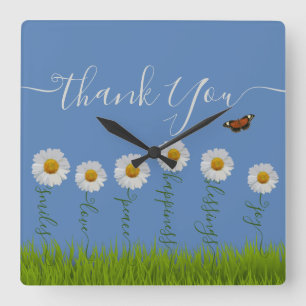 Modern Blue Daisy Floral Danke Typografie Quadratische Wanduhr