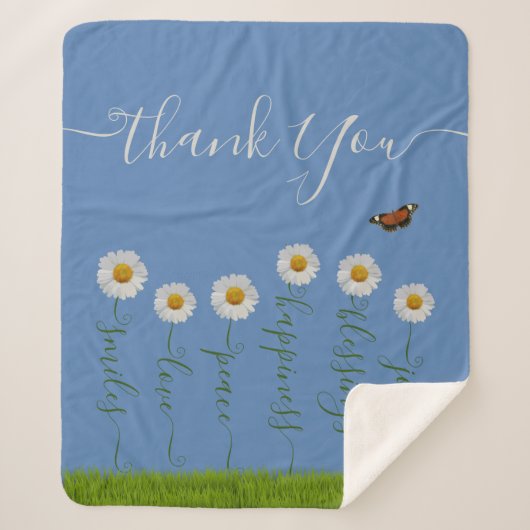Modern Blue Daisy Floral Danke Typografie Sherpadecke (Vorderseite)
