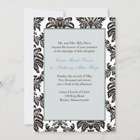 Modern Blue Damask Hochzeitseinladung Einladung (Vorderseite)