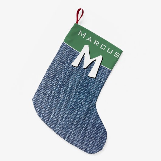 Modern Blue Denim Jeans Monogram Name Kids Kleiner Weihnachtsstrumpf (Vorderansicht (hängend))