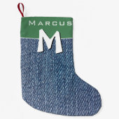 Modern Blue Denim Jeans Monogram Name Kids Kleiner Weihnachtsstrumpf (Vorderseite)