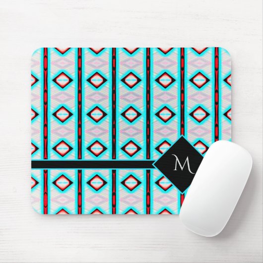 Modern Blue Diamond Red Pattern White Monogram Mousepad (Mit Mouse)